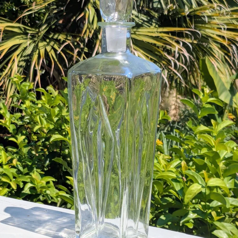 Vintage Glass Decanter with Stopper - Unique Faceted Design & Hollow Stopper